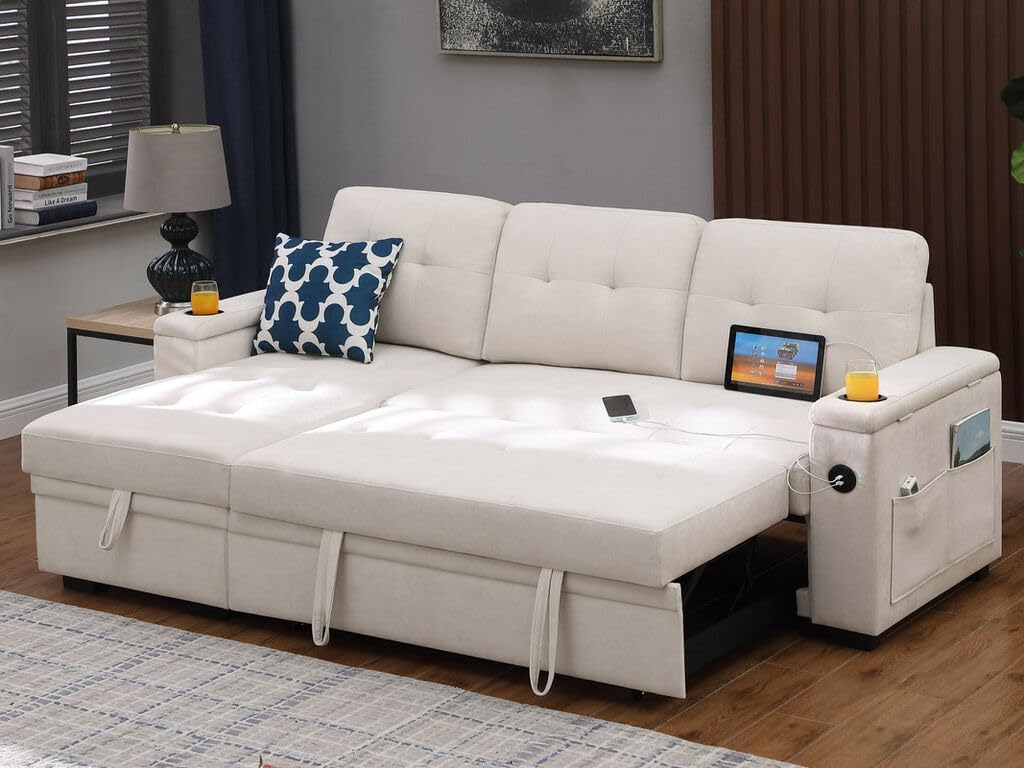 Modern Reversible Sleeper Sectional Sofa L-Shaped Pull Out Sleep Sofabed