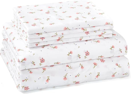 Queen Sheet Set 6 Pieces (Pink Rose Floral), Cottage Core Botanical Patterned Sheets,