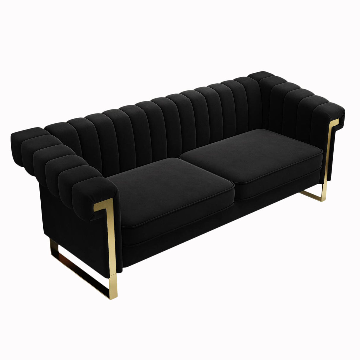 JINGDIAN Mid-Century Modern Black Velvet Sofa with Gold Metal Legs, 83.86"