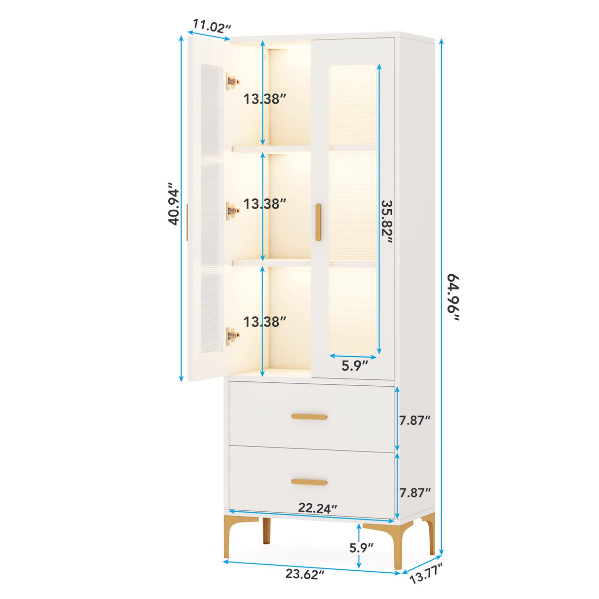 Bookcase with Doors and LED Light, White Bookshelf with 2 Drawers, Freestanding Tall Storage Cabinet for Living Room, Bathroom, Office, Kitchen