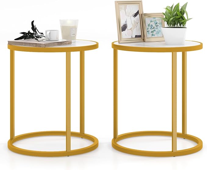 Gold Side Table, Round End Table with Sintered Stone Top and Metal Frame