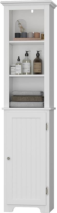 64" Freestanding Storage Cabinet, Bathroom Tall Silm Cabinet with Doors and Adjustable Shelves,