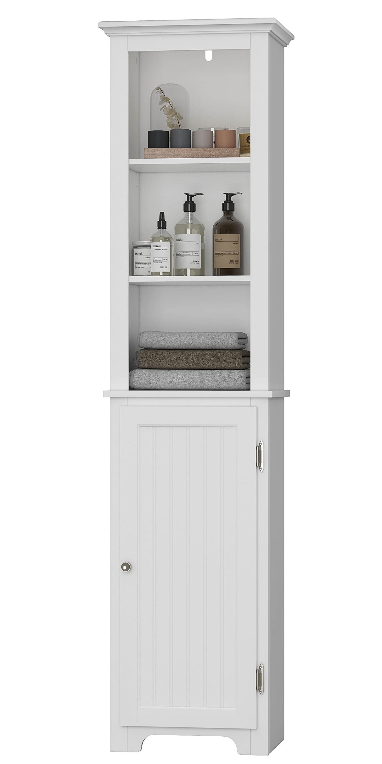 64" Freestanding Storage Cabinet, Bathroom Tall Silm Cabinet with Doors and Adjustable Shelves,