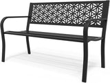 Outdoor Bench Metal with Floral Back, Garden Bench Front Porch Bench for Yard Patio