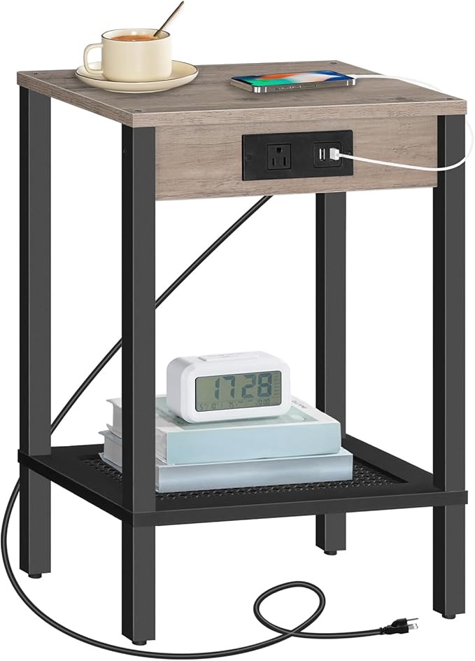 Side Table with Charging Station, End Table with USB Ports and Outlet, Nightstand with