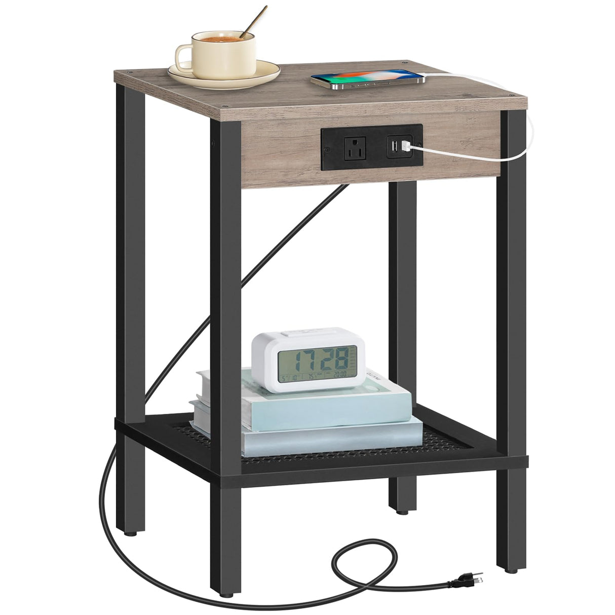 Side Table with Charging Station, End Table with USB Ports and Outlet, Nightstand with