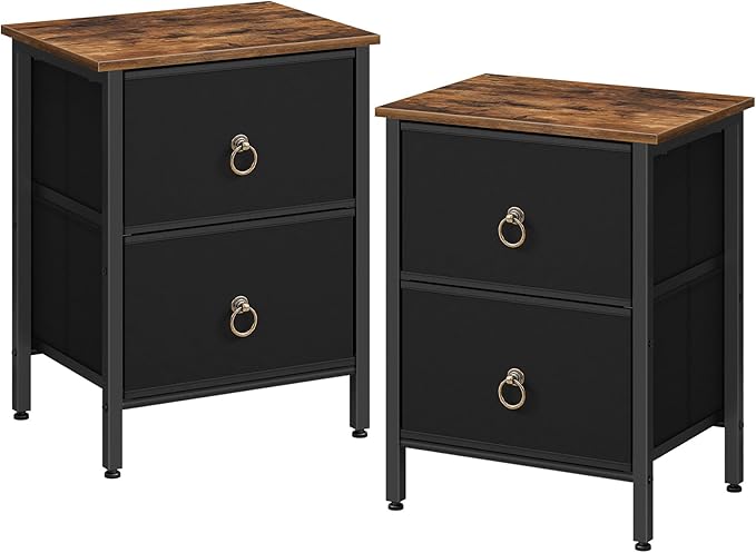 2 Drawer Dresser for Bedroom, Small Night Stand, Bedside Furniture, Side Table for Bedroom, Dorm, Rustic Brown and Black BF82BZ01