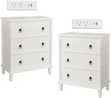 White 3 Drawers Nightstand with Charging Station, Modern Bedside Table 3 Drawers End