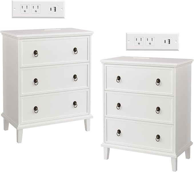 Large Black Nightstand with Charging Station, 3 Drawers Nightstand 29.8" X 27.6"