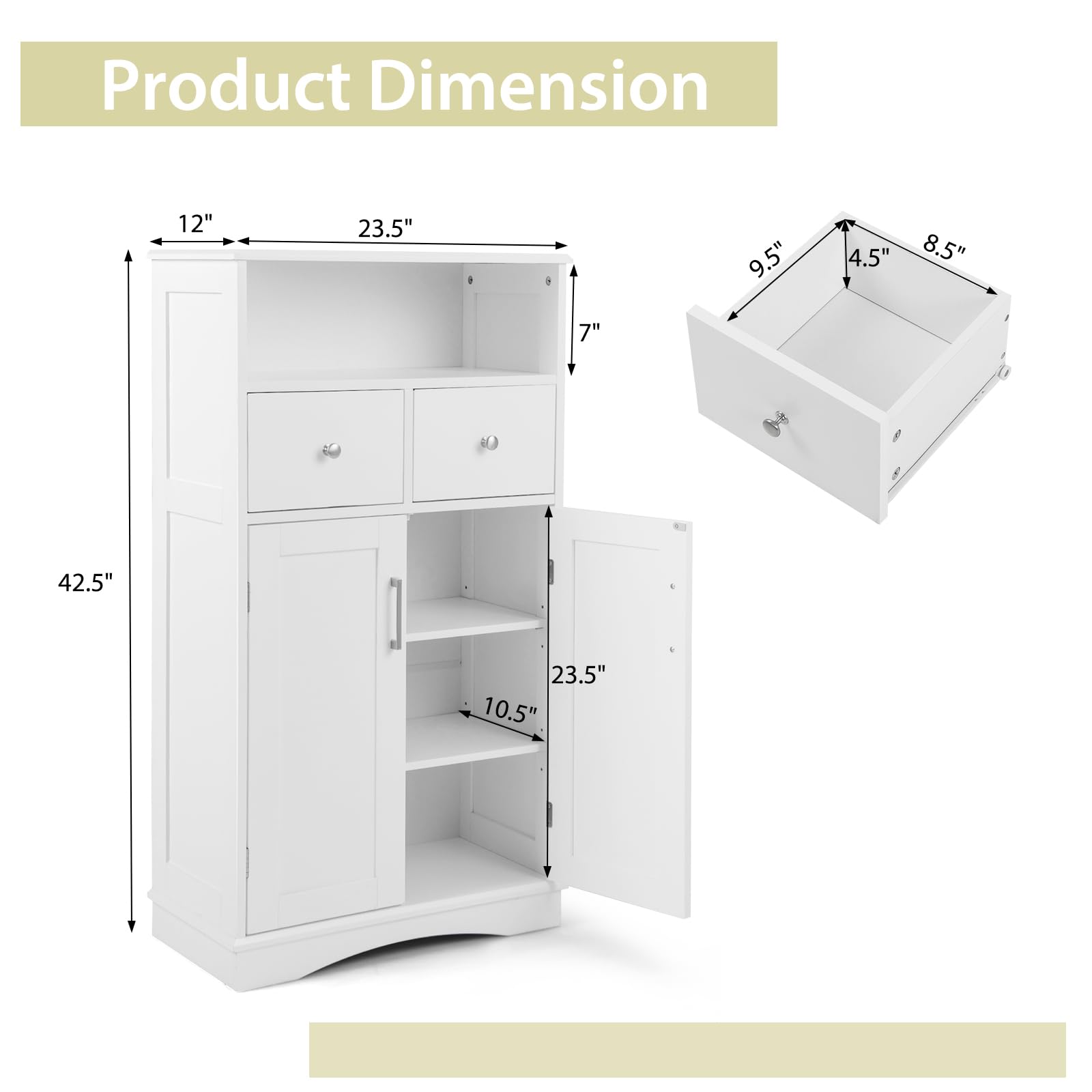 Bathroom Floor Storage Cabinet - Freestanding Storage Cabinet with 2 Doors, 2 Drawers