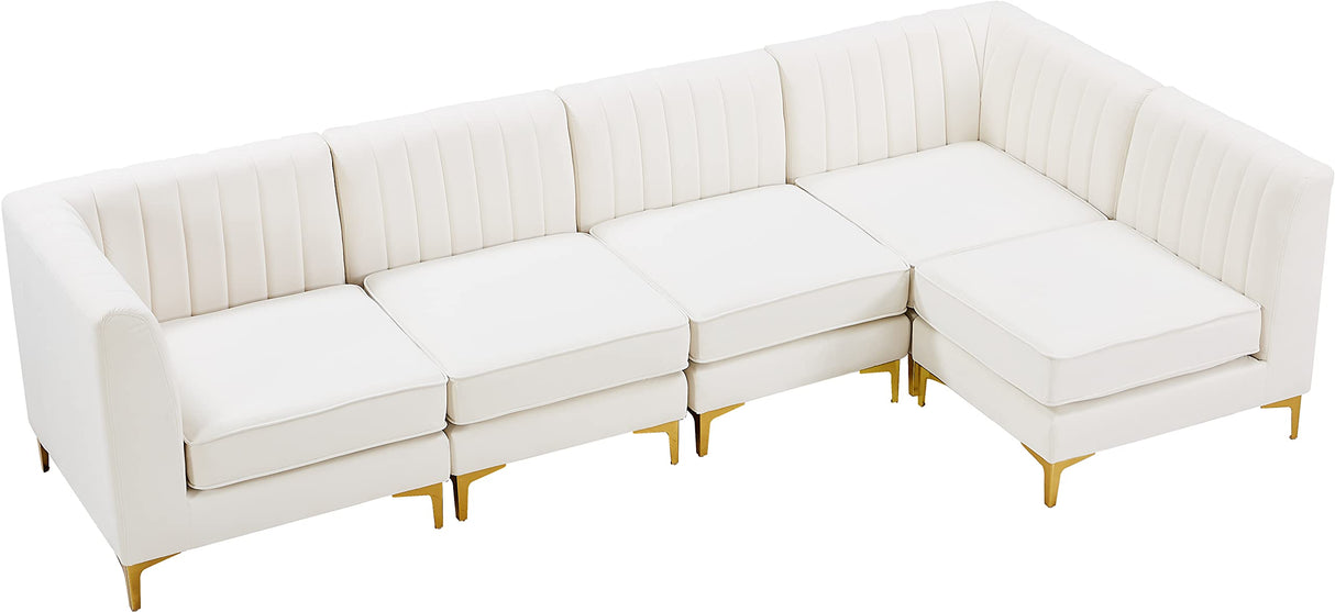 Furniture 604Cream-Sec5B Alina Collection Modern | Contemporary Velvet Upholstered Modular Sectional with Deep Channel Tufting, 116.5" W x 58.5" D x 31" H, Cream