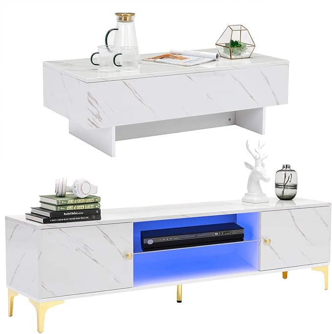 41" Marble White Cool Coffee Table for Living Room,Rectangular Glossy Smart Contemporary Center