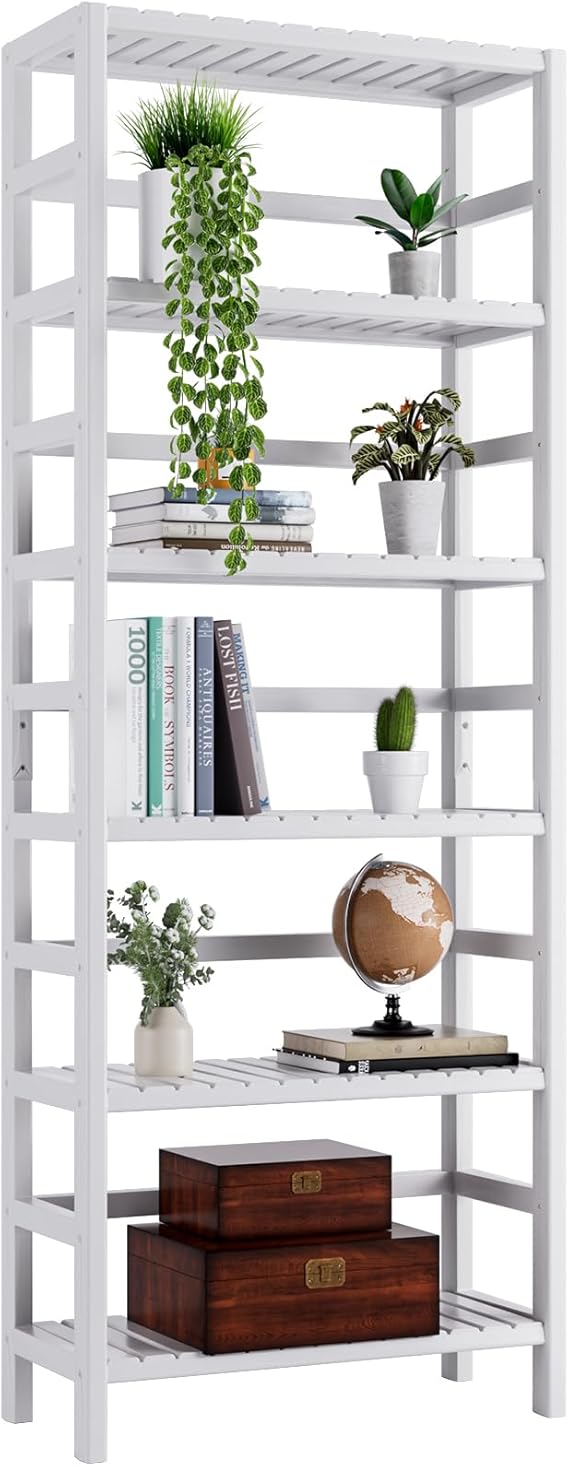 Bamboo Shelf, 6-Tier Adjustable Tall Open Bookcase, Bathroom Storage Rack Freestanding Shelving