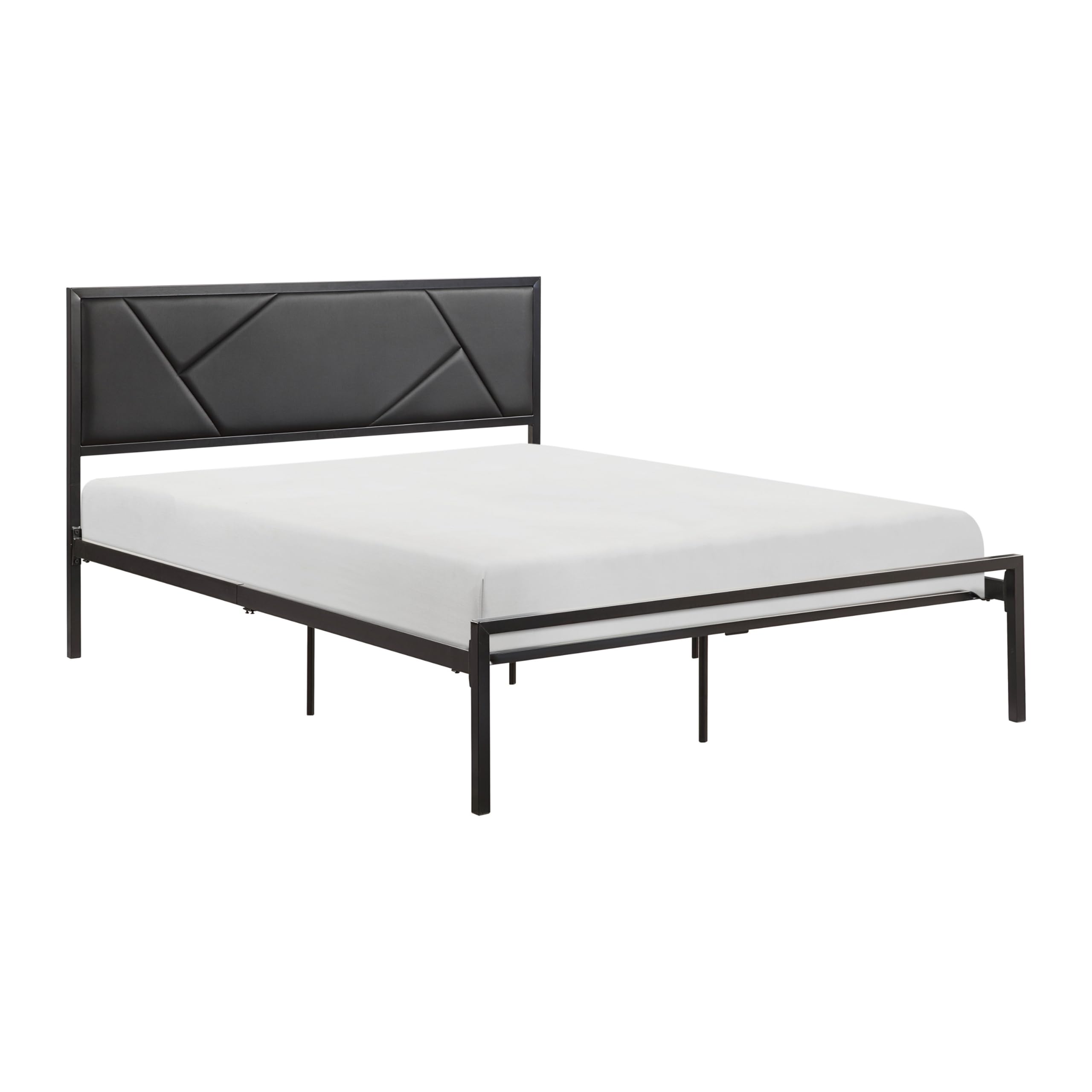 Nick Full Size Platform Bed, Faux Leather Upholstered Headboard, Black and Gray