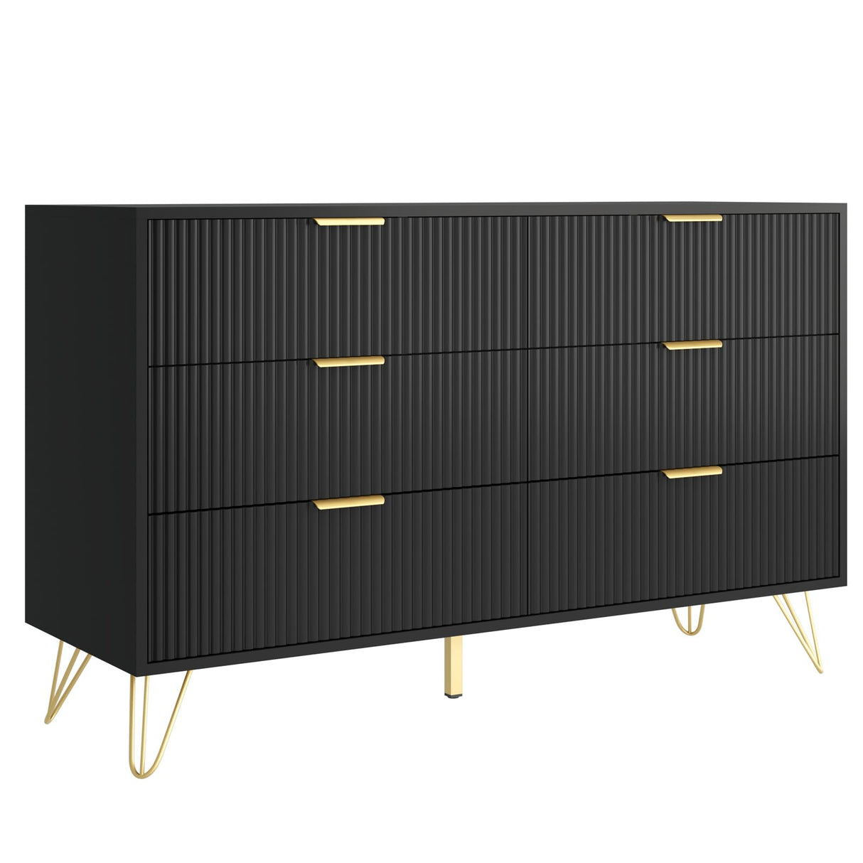 LYNSOM Black Dresser with 6 Drawer Dresser, Fluted Wood Dresser with Gold Handle, Modern Closet Dressers Chest of Drawers for Living Room, Hallway and Office