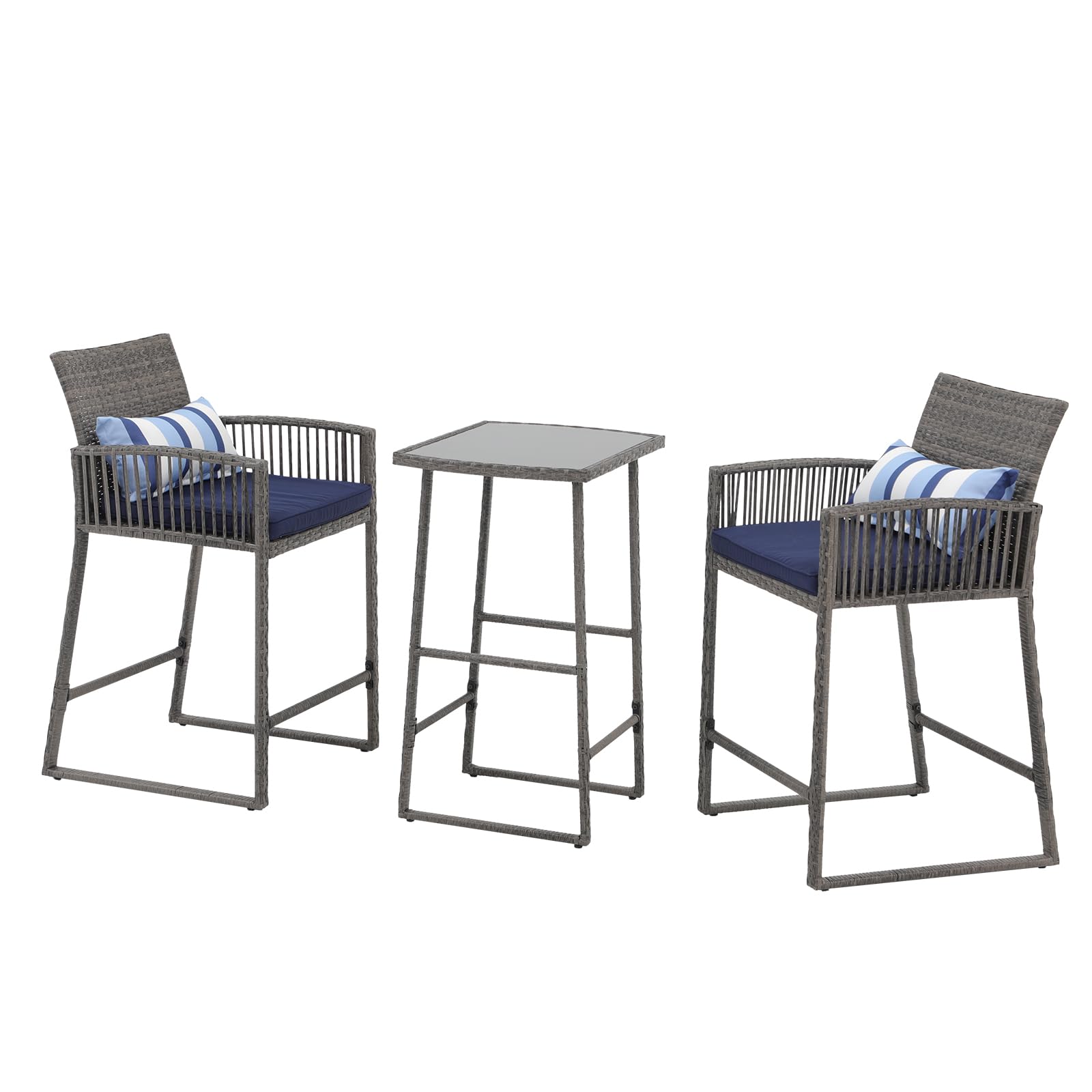 3-Piece Outdoor Wicker Bar Height Table Set, 2 Bar Stools and 1 Pub Table