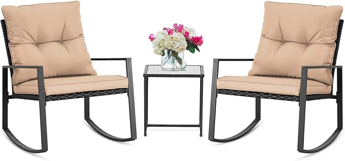 3 Piece Outdoor Rocking Bistro Set Black Wicker Furniture Porch Chairs Conversation Sets with Glass Coffee Table, Beige
