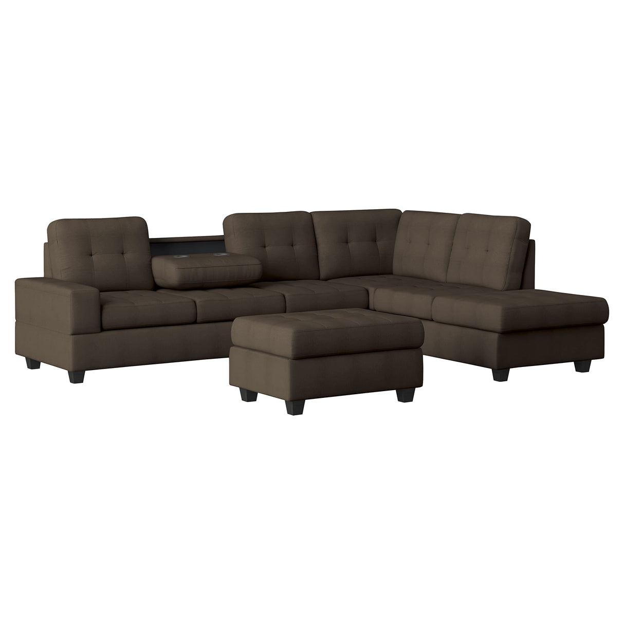 Atlantis Tufted Fabric 3-Piece Reversible Sectional with Ottoman Set, Chocolate