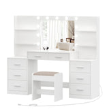 Desk Set with Mirror & Lights, Makeup Vanity with Stool and Charging Station, Makeup Desk with Drawers & Open Storage Shelves, Bedroom Vanity Table Set, White WDT006WD