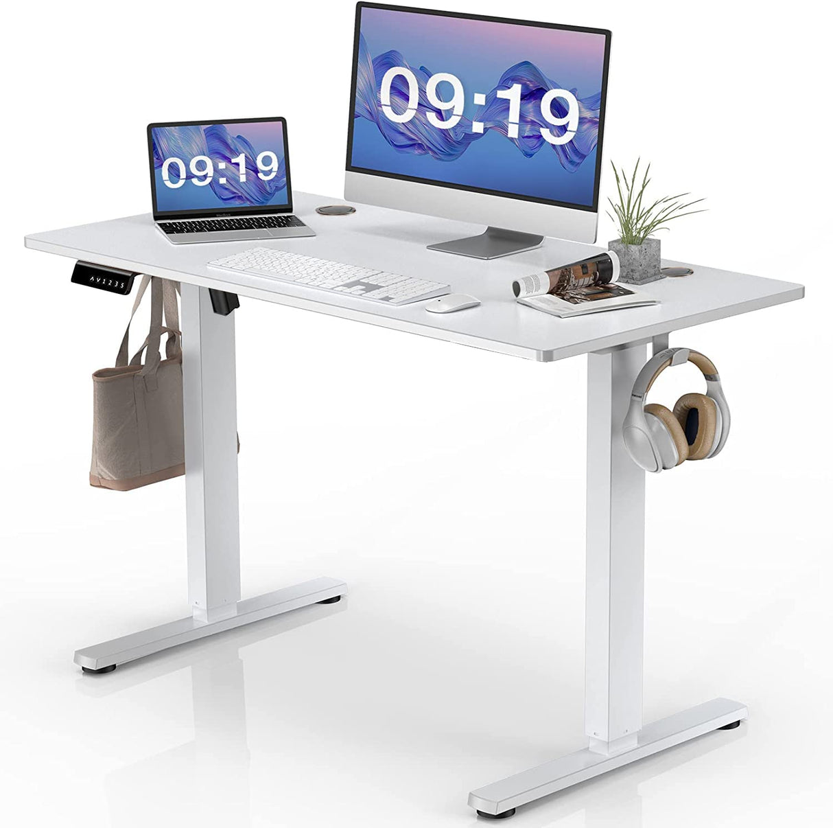 Standing Desk, 48 x 24 in Electric Height Adjustable Computer Desk for Home Office, Sit Stand up Work Gaming Table with Memory Controller/Headphone Hook, Rising Lift Workstation-White