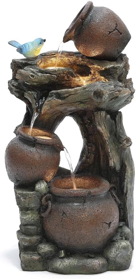 Outdoor Water Fountain, 32 Inch Farmhouse Water Fountain Outdoor with Lights