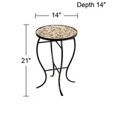 Teal Island Designs Mother of Pearl Modern Black Metal Round Outdoor Accent Side Table 14" Wide Natural Mosaic Tile Tabletop Gracefully Curved Legs for Spaces Porch Patio Home House Balcony Deck - Bircata