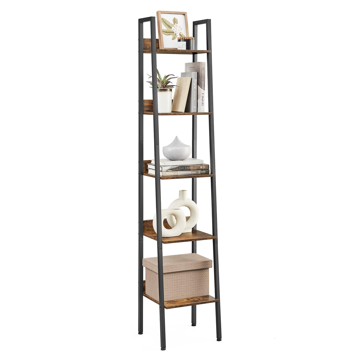 Bookshelf, 5-Tier Narrow Bookcase, Ladder Shelf for Home Office, Living Room, Bedroom, Kitchen, Rustic Brown and Ink Black ULLS109B01