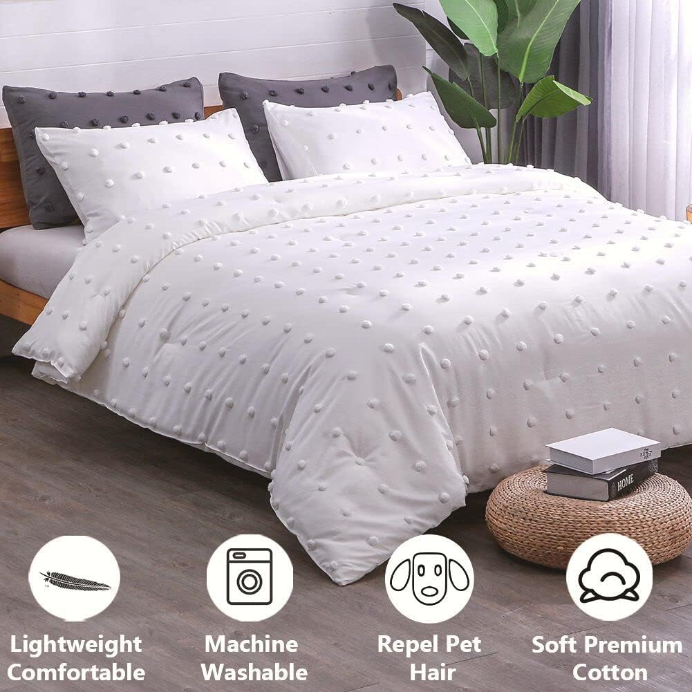 Tufted White Full Comforter Set (80x90 inches), 3 Pieces- Soft Cotton Jacquard