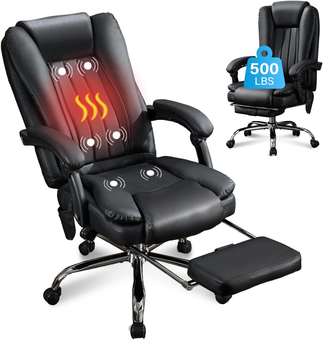 Massage Office Chair with Foot Rest,6 Points Vibration and Heat Ergonomic Executive Desk Chair for Heavy People,500lbs Big and Tall Office Chairs with Reclining High Back for Home Office