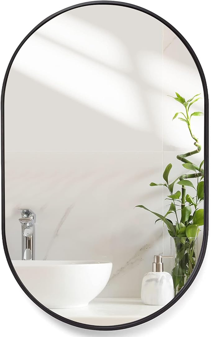 Wall Mounted Mirror, 20’’x30’’ Oval Bathroom Mirror, Black Vanity Wall Mirror w/Stainless