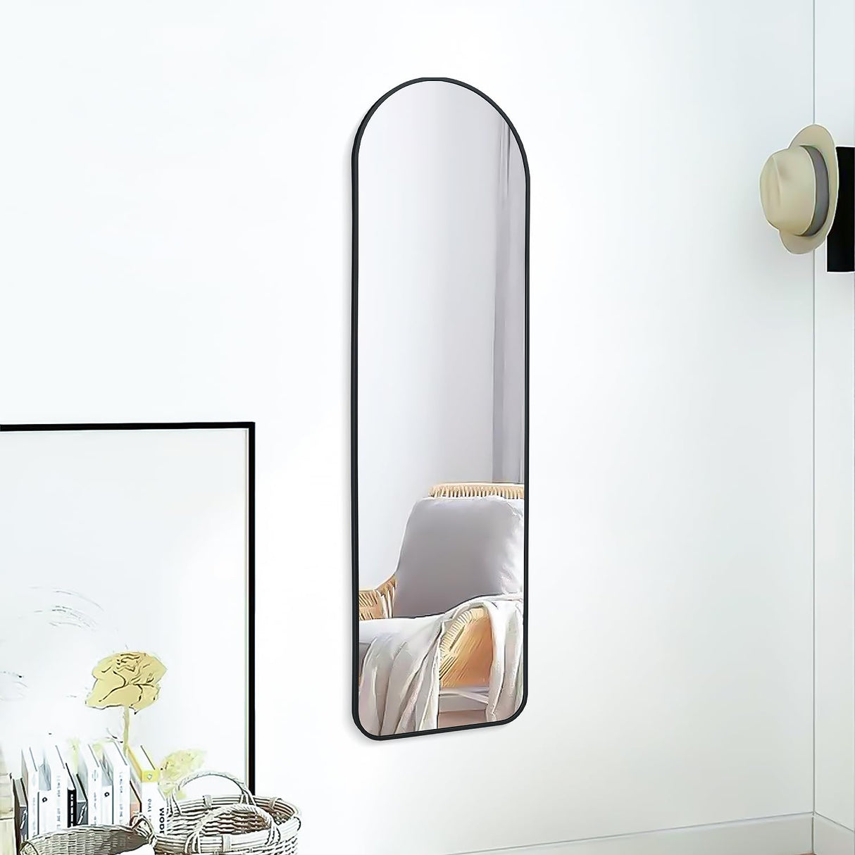 47x14 Mirror Full Length Back Door Hanging or Wall Mounted Aluminum Metal Frame Arch Mirrors for Entryway Bedroom Bathroom Dressing Living Room 47 14 inch Black