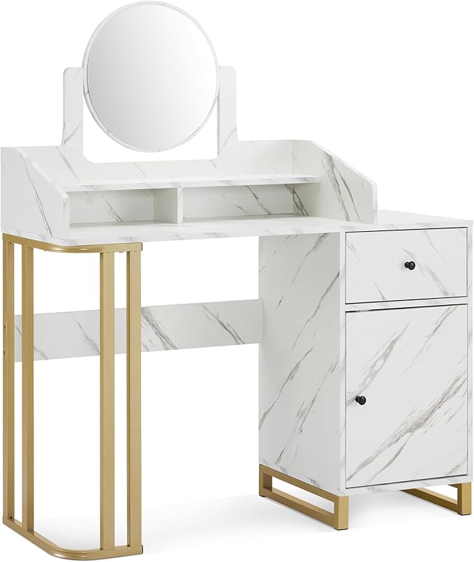 Light Luxury Dressing Table with Storage Cabinet, Modern Vanity Desk with Drawer