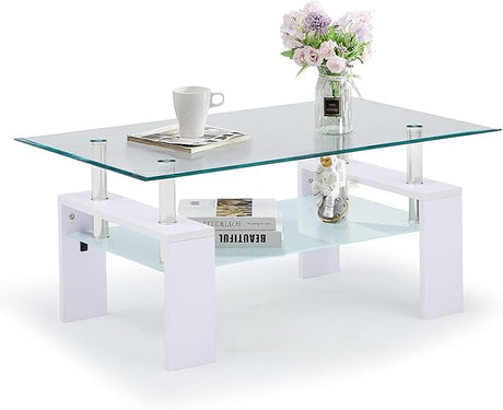 Modern Rectangle Coffee Table, Tempered Glass Center Table with Open Storage Shelf