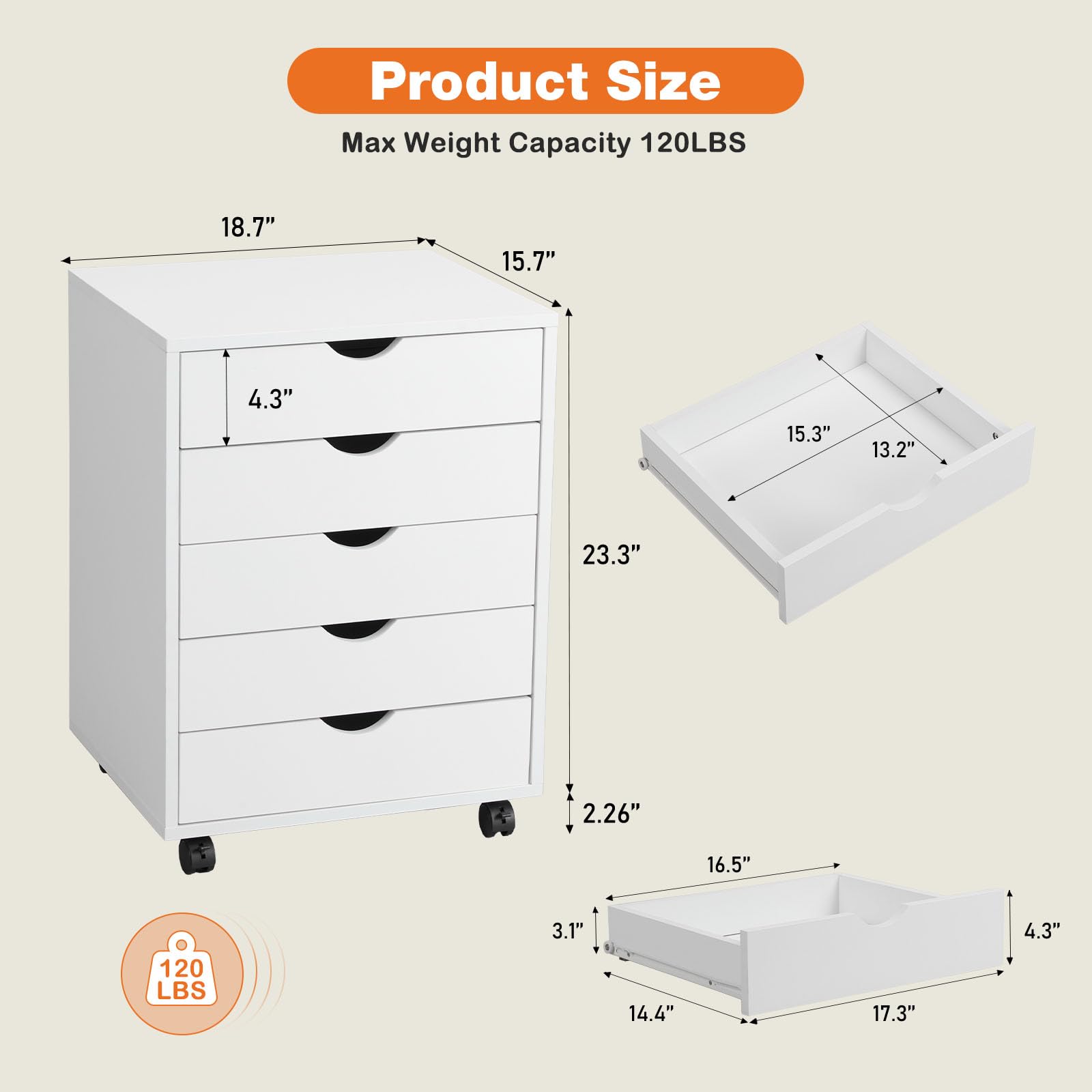 5 Drawer Chest- Dressers Storage Cabinets Wooden Dresser White Mobile Cabinet