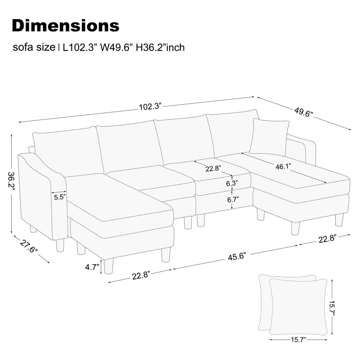 U Shaped Sectional Sofa Velvet Convertible Sofa with Reversible Chaises