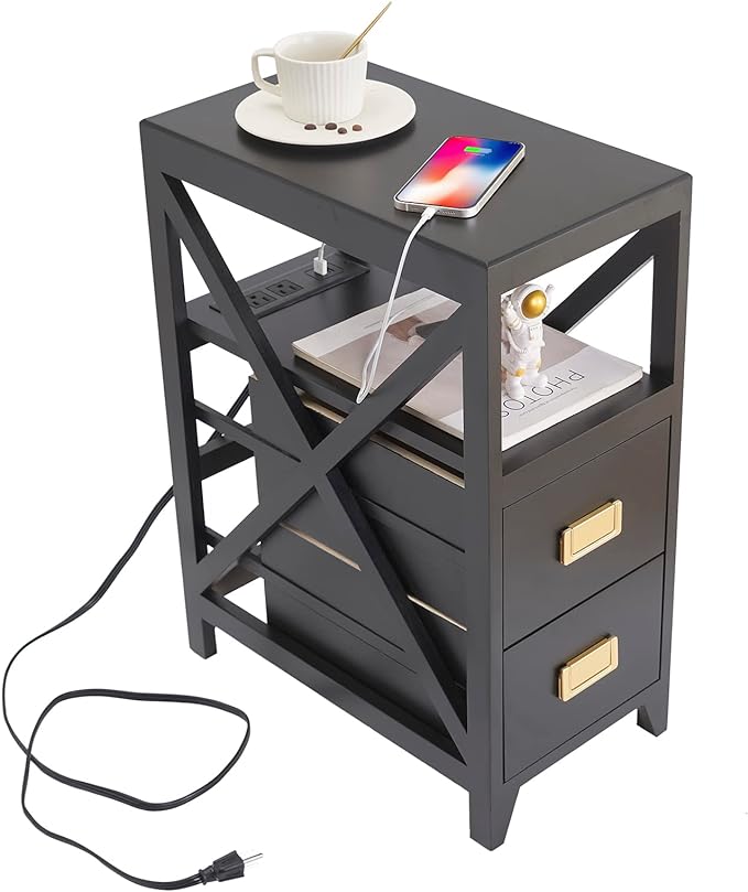 Fully Assembled Narrow Side Table with Charging Station, No Assembly Narrow Nightstand