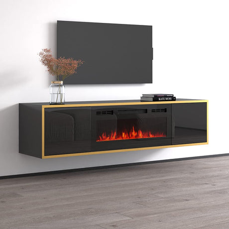 Goldie BL-EF Floating Fireplace TV Stand for TVs up to 75", Modern High Gloss