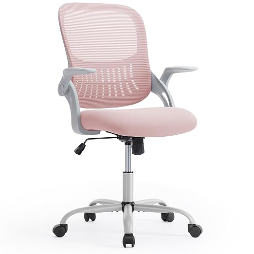 Computer Gaming Desk Chair, Ergonomic Mid-Back Mesh Rolling Work Swivel Chairs with Flip-up Arms, Comfortable Lumbar Support, Comfy Arms for Home,
