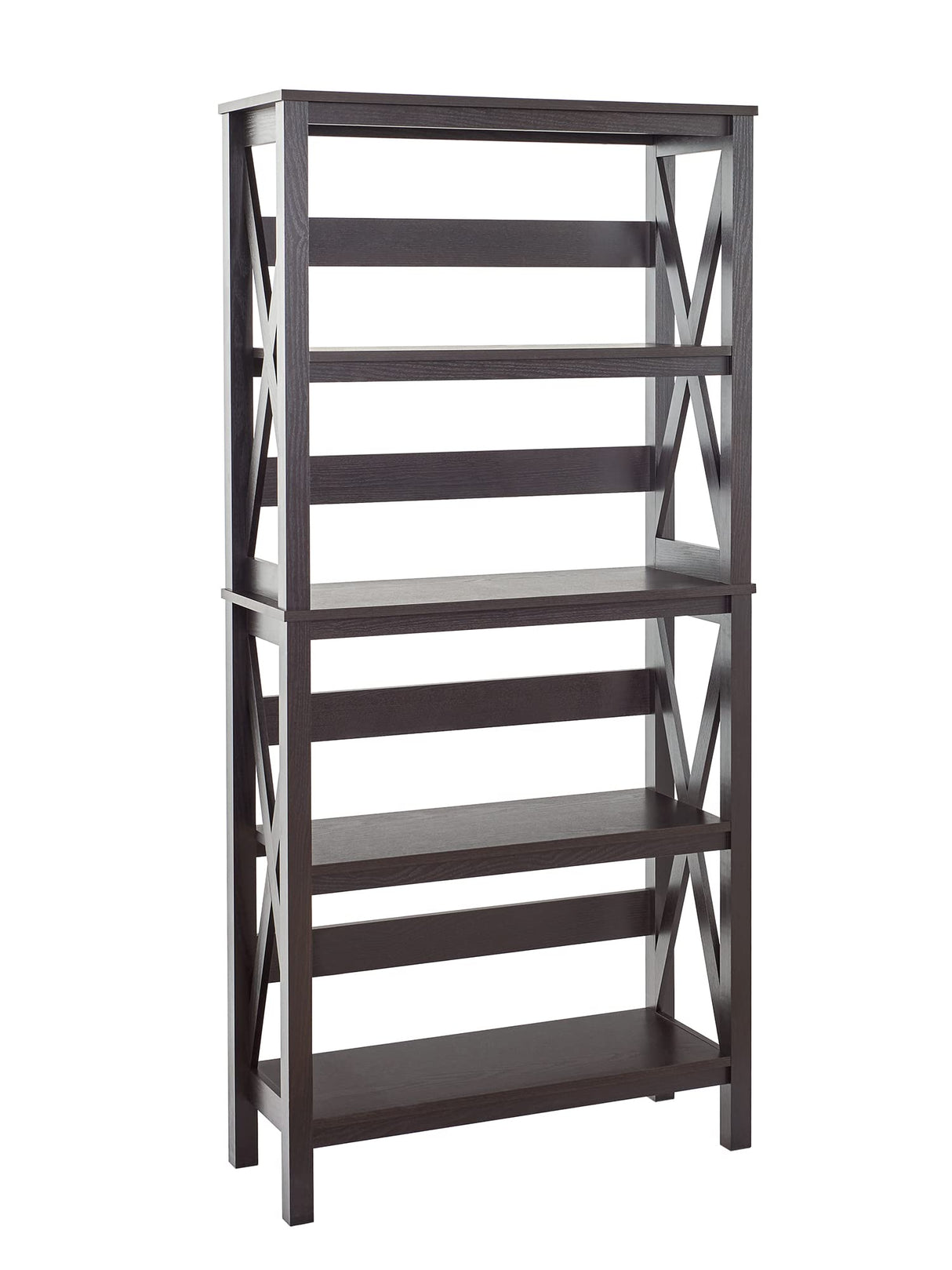 3955 X-Frame Design 5-Shelf Bookshelf or Bookcase, Black Walnut Wood