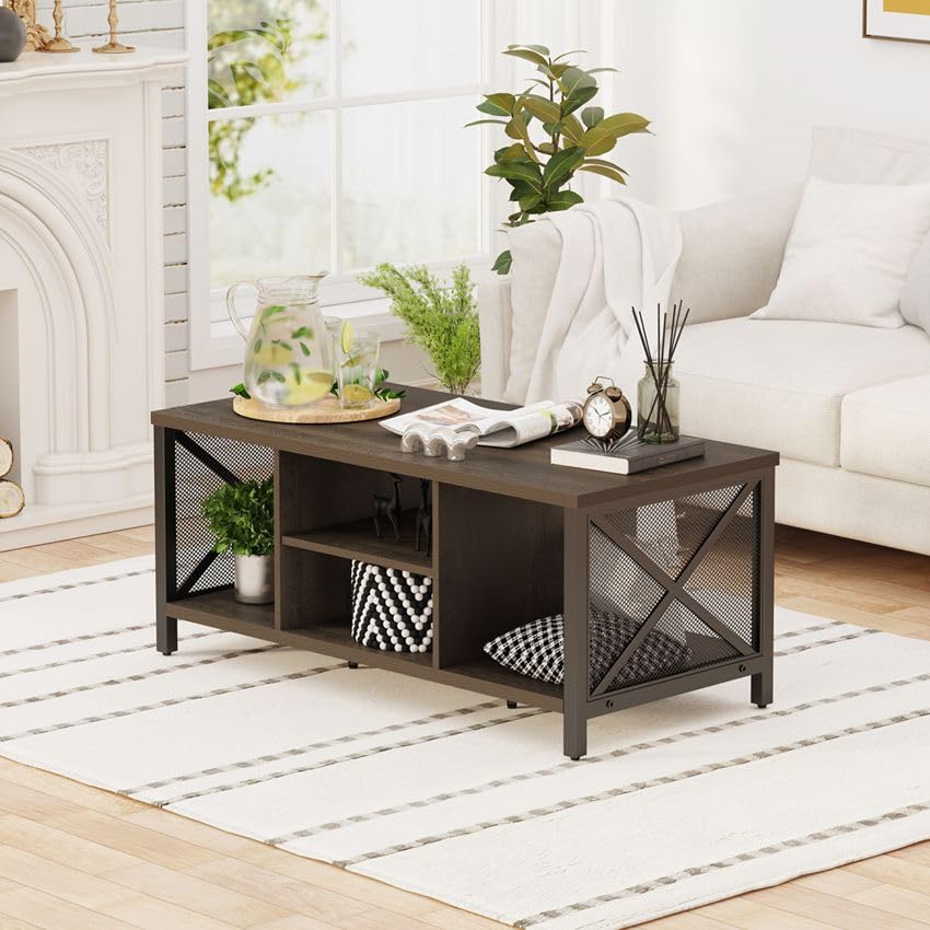 Rustic Coffee Table for Living Room, Farmhouse Dark Wood Center Table