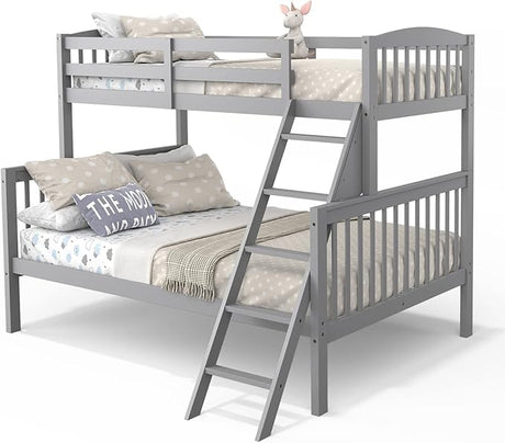 Twin Over Full Bunk Bed, Solid Rubber Wood Frame Bunk Bed with Ladder & Upper-Level Guardrails