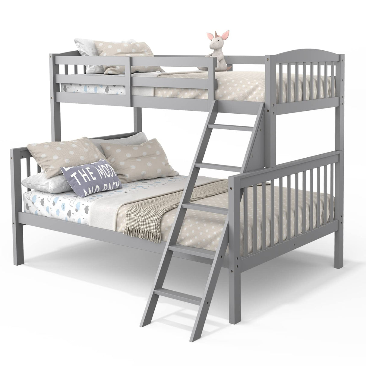 Twin Over Full Bunk Bed, Solid Rubber Wood Frame Bunk Bed with Ladder & Upper-Level Guardrails