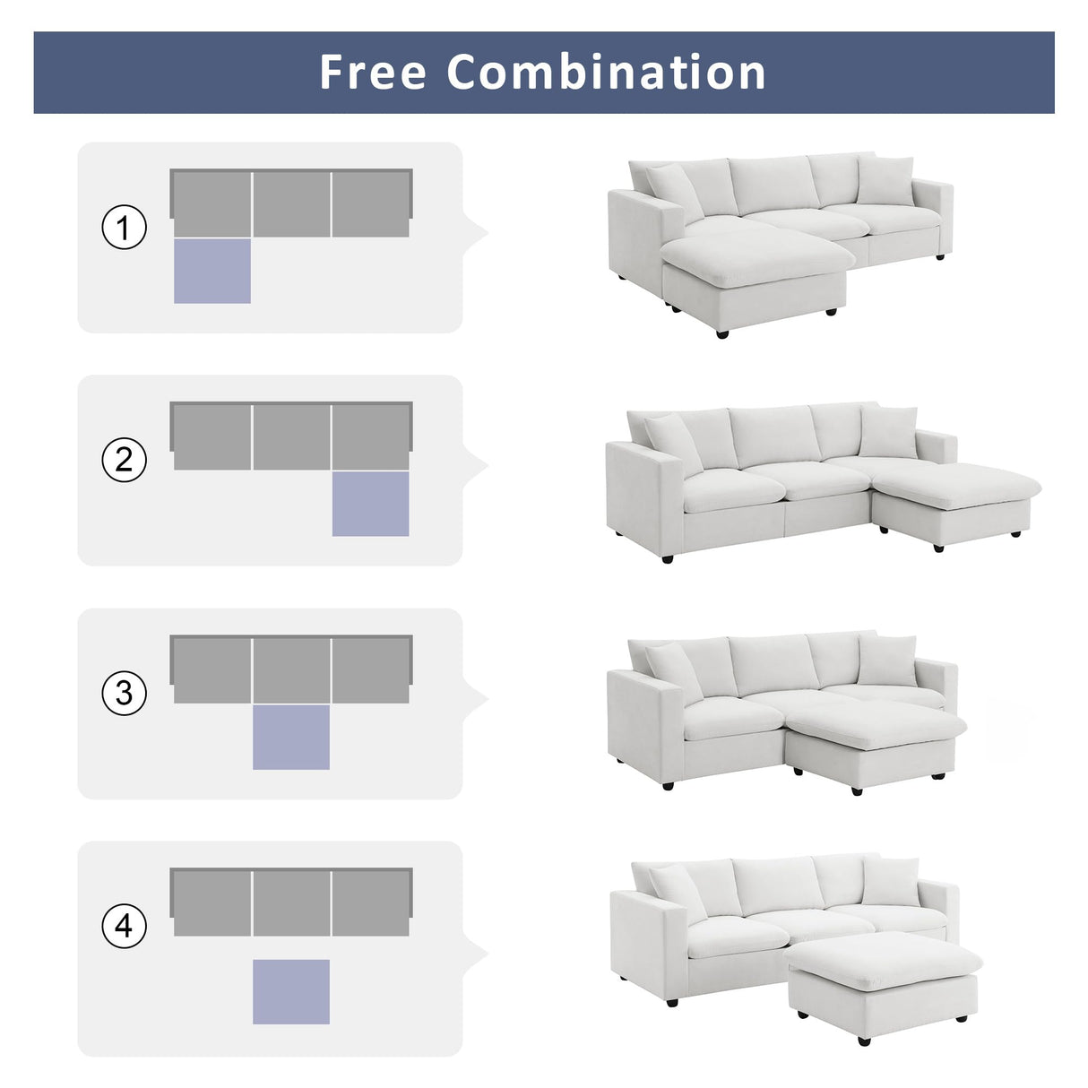 ERYE L-Shape Reversible Modular Sectional Sofa Couch,Cushions 4 Seaters Convertible Sofa&Couch Corner Leisure Cloud Sofá with Movable Ottoman & 2 Pillows for Living Room, 101", White-9023