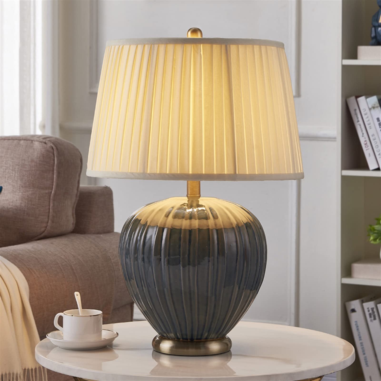 Table Lamp Bedside Lamp with Ceramics Base and Cloth Pleated Shade, Vintage Nightstand