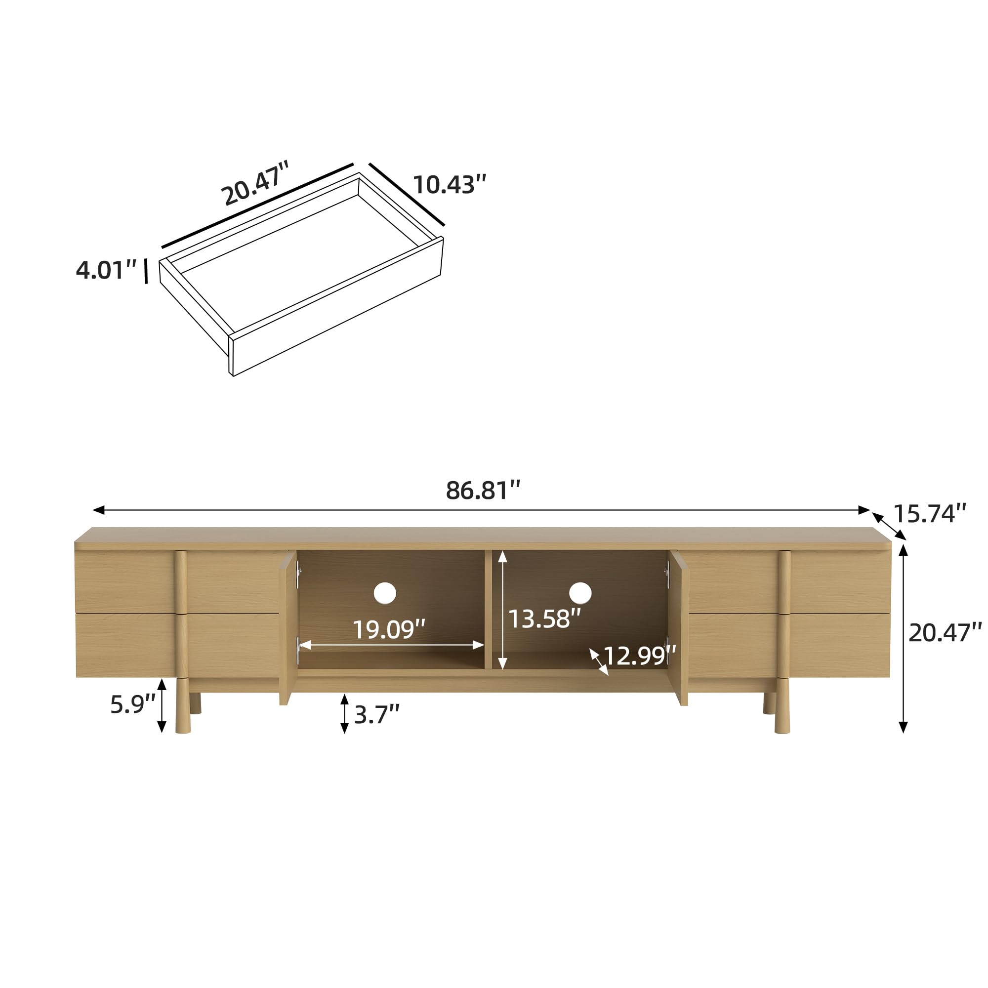 86.81" Modern TV Stand with Solid Wood Legs and Adjustable Storage