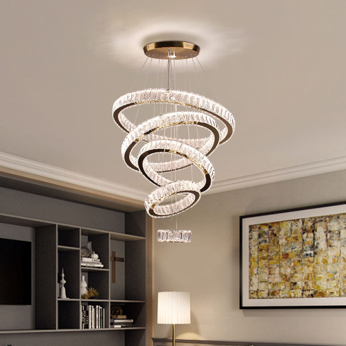 LED Big Crystal Chandeliers Modern 5 Rings Pendant Light Adjustable Ceiling Light