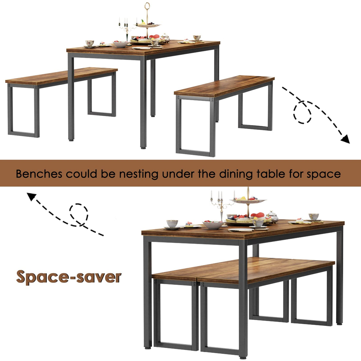 Kitchen Table Set with 2 Benches, Dining Table Set for 4, 3 Piece Dining Room