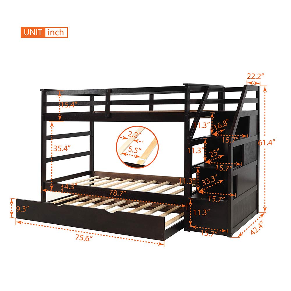 Twin Bunk Beds, Premium Wood Twin Over Twin Bunk Bed Frame with Trundle and Storage Stairs