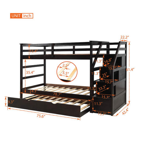 Twin Bunk Beds, Premium Wood Twin Over Twin Bunk Bed Frame with Trundle and Storage Stairs