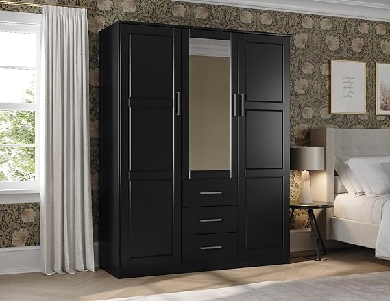 100% Solid Wood Cosmo 3-Door Wardrobe Armoire with Raised Panel Doors